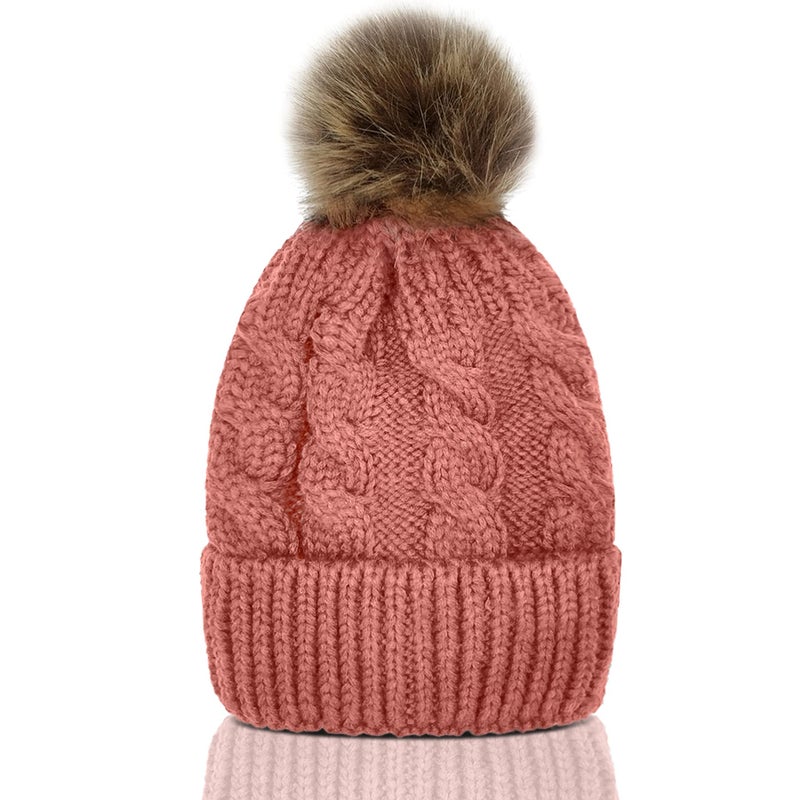 Whiteleopard Kid Beanie Hats Lining Pom Pom for Children -Slouchy Cable Knit Toddler Skull Hat Baby Ski Cap for Girls Boys (Pink) - Image 1